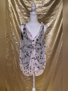 RACHEL Rachel Roy Pale Pink and Gray Floral Bird Print Draped Top